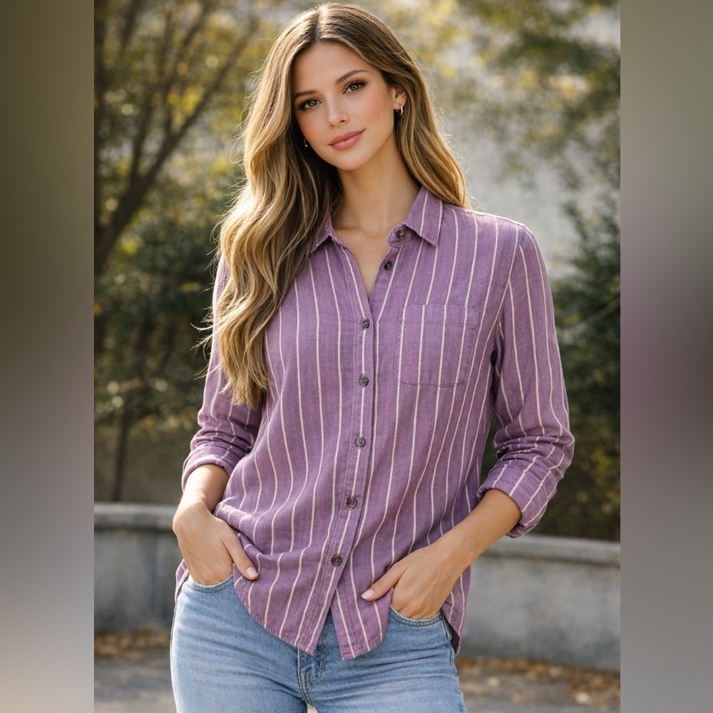 American Eagle Outfitters Burgundy Striped Button-Down Shirt